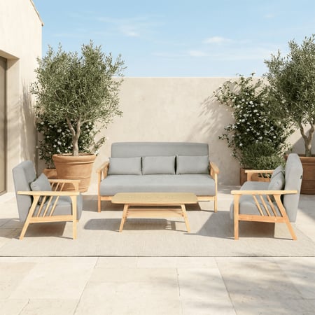 طقم كنب 6 مقاعد وطاولة بهيكل خشبي عصري رمادي