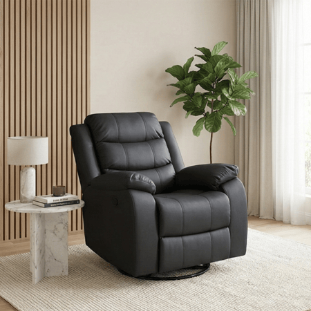 كرسي استرخاء فخم هزاز دوار بتصميم عصري جلد أسود