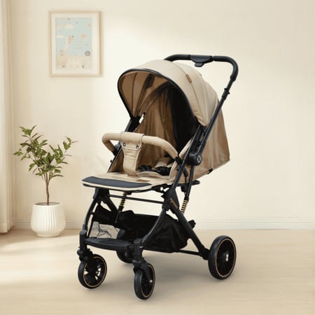 عربة أطفال قابلة للطي قماش بهيكل معدني كافيه