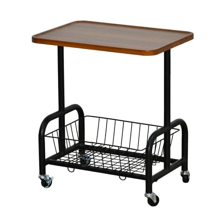 عربة تقديم سطح خشبي مع رف تخزين معدني