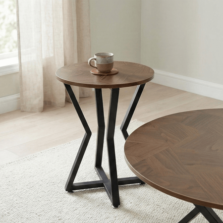 طقم طاولات خدمة 5 قطع خشب بقاعدة معدنية بني