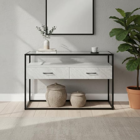 مدخل أستقبال خشبي 2 دور بهيكل معدني رمادي