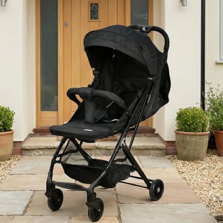 عربة أطفال قابلة للطي قماش بهيكل معدني أسود