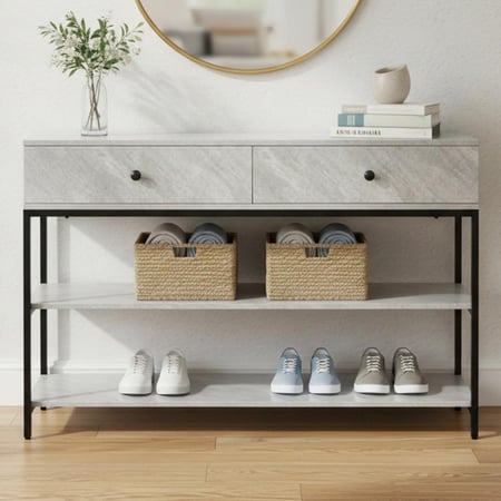 مدخل استقبال خشبي مع 2 رف بهيكل معدني رمادي