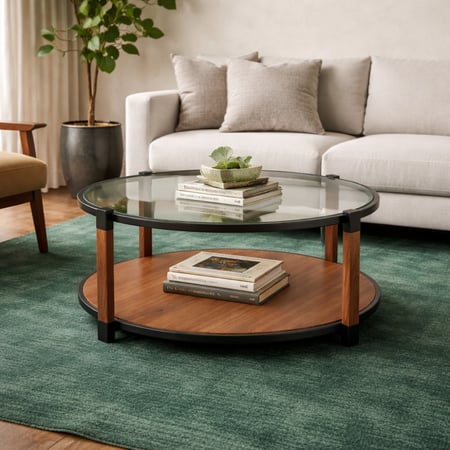 طاولة خدمة زجاجية دائرية بطبقة تخزين خشبية