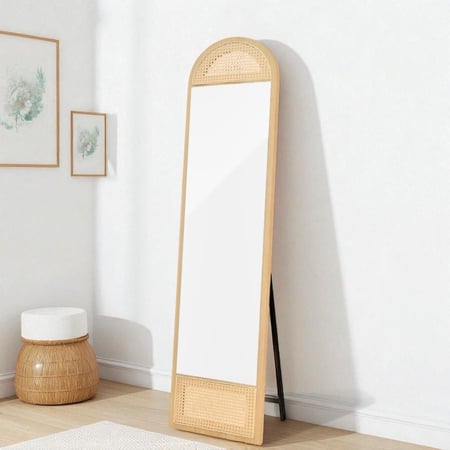 مرآة استاند بإطار خشب وراتان 170×40 سم بيج