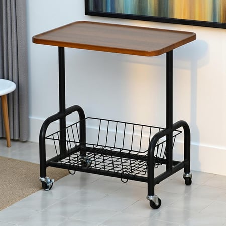 عربة تقديم سطح خشبي مع رف تخزين معدني
