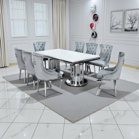 طاولة طعام فاخرة رخام بأرجل معدنية 8 كراسي رمادي