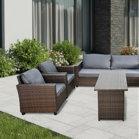 جلسة خارجية 6 مقاعد بطاولات مع تخزين رمادي