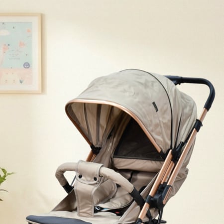 عربة أطفال قابلة للطي قماش بهيكل معدني كافيه