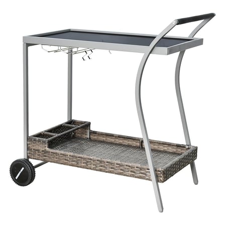 عربة تقديم 2 دور معدن وراتان بسطح زجاجي