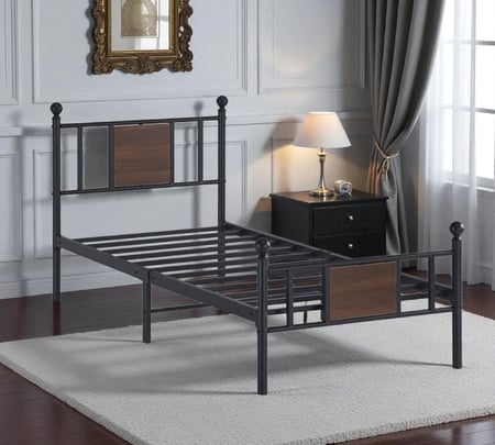 سرير حديد فردي 90×190 أسود بإطار معدني ولوح خشبي