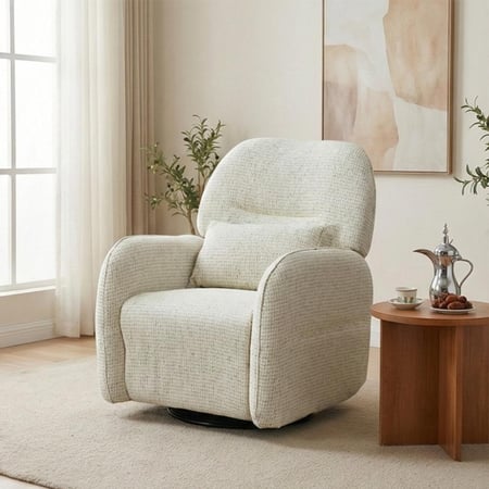 كرسي استرخاء فخم هزاز دوار قماشي مودرن أوف وايت