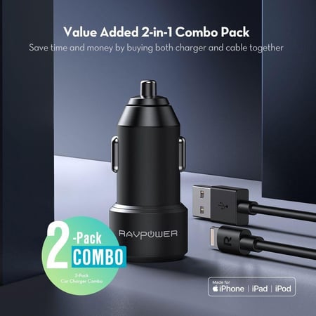 مجموعة شاحن السيارة راف باور RAVPower مع كابل بتقنية الشحن السريع الذكي – أسود