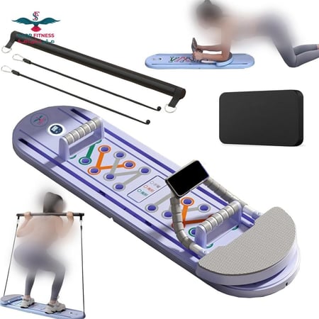 لوح تمرين عضلات البطن متعدد الوظائف، ارتداد تلقائي للوحة البطن مع عصا البيلاتس وأشرطة مقاومة لبساط الركبة وحصيرة للركبة لدعم تمرين الجسم بالكامل /الرمادي  Multi-Functional Ab Exercise Board, Abdominal Board