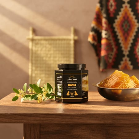 عسل سدر اصلي صافي  مع شمع العسل في ضوء طبيعي تبرز نقاء المنتج وجودته ا