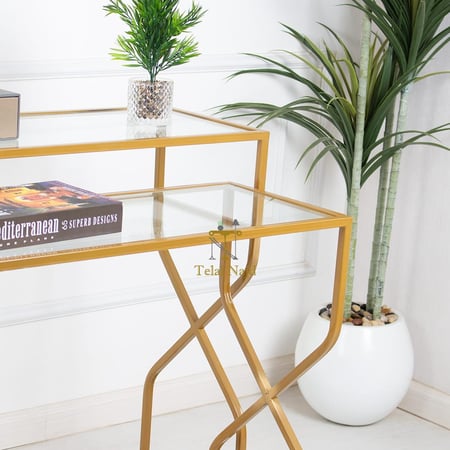 طاولة مدخل كونسول  2 قطعة طقم لون ذهبي سطح زجاج شفاف