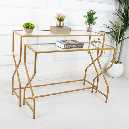 طاولة مدخل كونسول  2 قطعة طقم لون ذهبي سطح زجاج شفاف