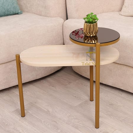 طاولة خدمة بيضاوي ودائري لون ذهبي سطح بديل رخام وزجاج بني مراية