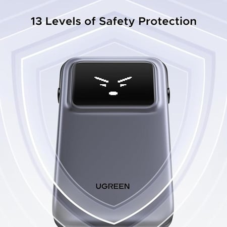 شاحن متنقل يوجرين اونو 10000 بقوة 30 واط بمنفذ PD ومنفذ USB وكيبل مدمج رمادي