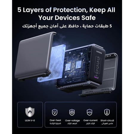 شاحن يو جرين جداري 300 واط 4 مخارج PD ومخرج يو اس بي أسود