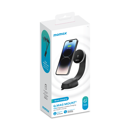 حامل جوال وشاحن لاسلكي  موماكس مغناطيسية لتثبيت الهاتف على الطبلون او الزجاج  - أسود