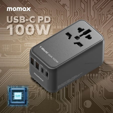 شاحن جداري وللسفر موماكس 4 منافذ وبقوة 100 واط - أسود