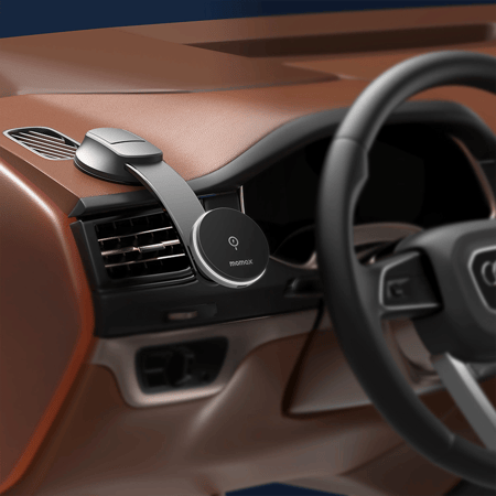 حامل جوال وشاحن لاسلكي  موماكس مغناطيسية لتثبيت الهاتف على الطبلون او الزجاج  - أسود