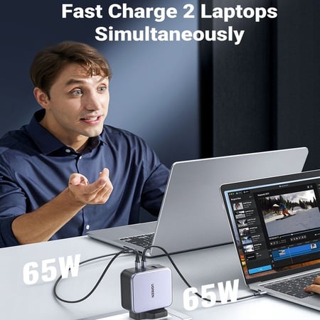 شاحن يو جرين جداري 140 واط مدخلين بتقنية PD ومدخل USB - رمادي