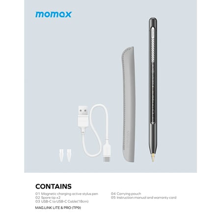 قلم ذكي موماكس ماج لينك برو مغناطيسي قابل للشحن يدعم راحة اليد - رمادي