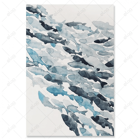 لوحات فن تجريدي مجموعة اسماك بدرجات اللون الازرق بخلفية باللون الابيض
