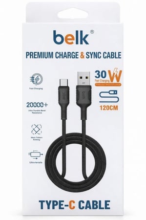 كيبل شاحن تايب سي إلى يو إس بي بقوة 30واط بطول 1.2 قماش يدعم الشحن السريع ضمان سنتين