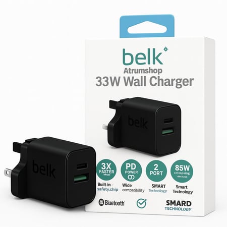 شاحن جداري 33واط منفذين شحن الاول USB الثاني PD يدعم الشحن السريع من بيلك بضمان سنتين