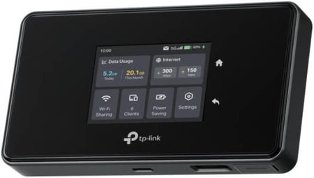 راوتر TP-Link M8550 5G LTE WLAN المحمول، شبكة AXE3600 ثلاثية النطاق، سرعة تنزيل 3.4 جيجابت في الثانية، يدعم حتى 32 جهازًا، منفذ Gigabit WAN/LAN، تشفير VPN، أسود | M8550