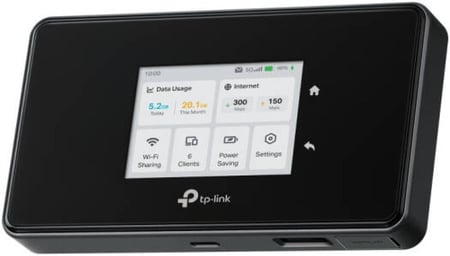 راوتر TP-Link M8550 5G LTE WLAN المحمول، شبكة AXE3600 ثلاثية النطاق، سرعة تنزيل 3.4 جيجابت في الثانية، يدعم حتى 32 جهازًا، منفذ Gigabit WAN/LAN، تشفير VPN، أسود | M8550