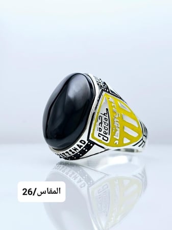 خاتم فضة بشعار نادي الاتحاد رجالي عقيق يماني طبيعي اصلي عيار 925 حجر كريم ملكي خواتم صياغة يمنيه جديدة هدية ، فضه استرليني مناسب للإهداء للرجل تغليف فخم هدايا رجالية فاخرة