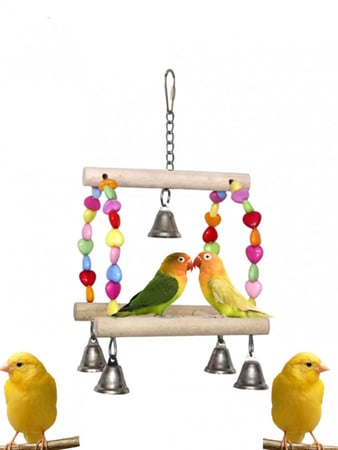 لعبة طيور مرجيحة طيور ثنائية مع تعليقة جرس - مجثم داخل القفص للببغاوات الصغيرة