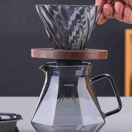 طقم v60 فخم على شكل جوهرة سيرفر اسود مع قمع زجاجي وقاعدة خشبية