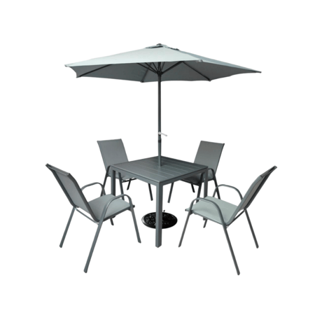 طقم طاولة وكراسي خارجية مع مظلة أنيقة وعملية