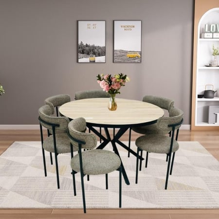 طاولة طعام دائرية خشبية مع 6 كراسي بتصميم عصري