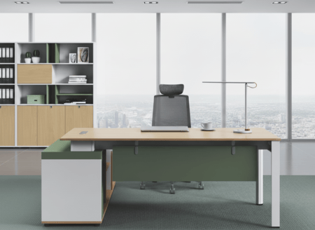 مكتب إداري عصري بتصميم عائم ووحدة تخزين مفتوحة بمقاسات مختلفة