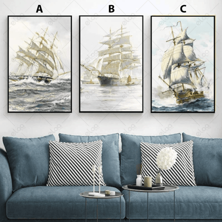 لوحات منظر طبيعي قارب بالبحر وسط الموج