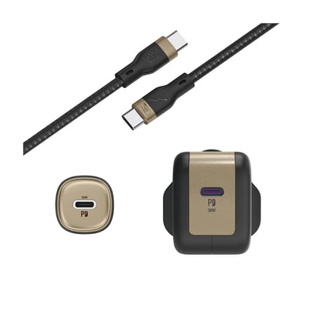 جودا - بكج ثلاثة في واحد شاحن جداري بقوة 30 واط بي دي + شاحن سيارة بقوة 30 واط بي دي + سلك تايب سي الى تايب سي 60 واط اسود وذهبي