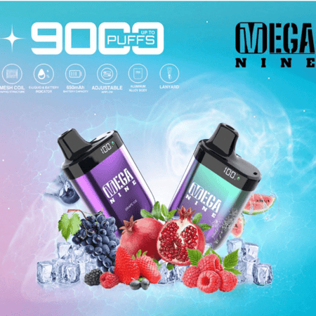سحبة جاهزة ميقا 9000 سحبة بلو بيري رازبيري توت ايس MEGA 9000 PUFFS NINE BLUEBERRY RASPBERRY ICE