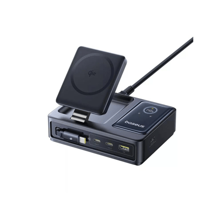 بيسوس - شاحن مكتبي 5 في 1 بـ Qi2 وكابل Type-C 100W قابل للسحب وشحن MagSafe لاسلكي 15W – اسود