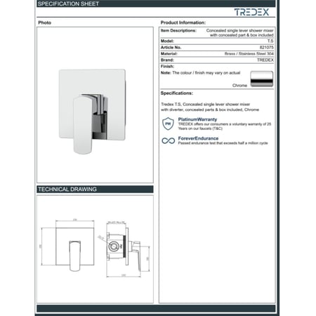 خلاط شطاف دفن مخفي خط واحد كروم TS-821075 - تردكس TREDEX