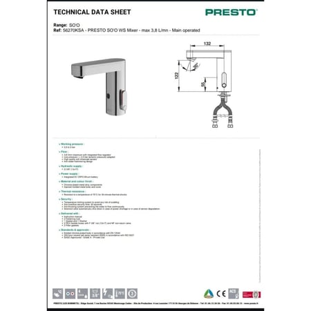 خلاط مغسلة حساس ليزر تثبيت سطحي مع وصلة تمديد فرنسي - بريستو PRESTO