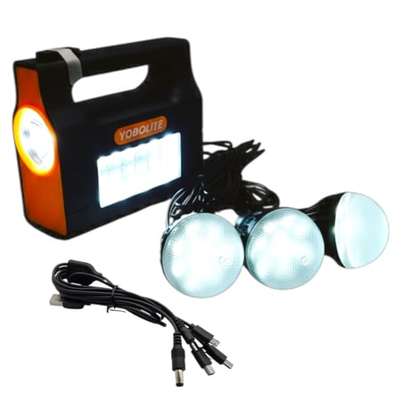 منظومة طاقة شمسية سولار بطارية كشاف + ثلاث لمبات + شاحن USB