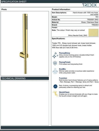 سماعة دش شور ذهبي فاتح 1500mm موديل TS-TRS0091 - تردكس TREDEX