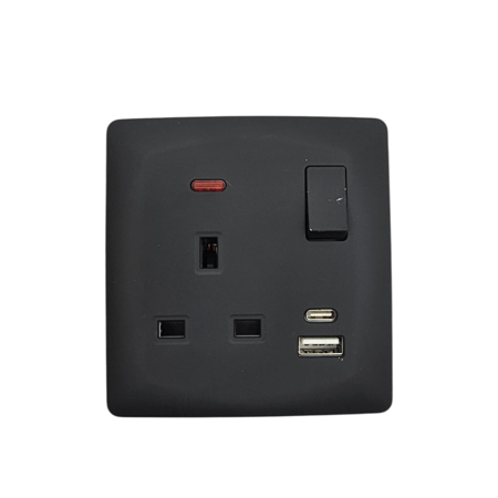 فيش مع مفتاح ولمبة 13 أمبير USB+Type-C أسود وطني - الرائد بلس ALRAED PLUS